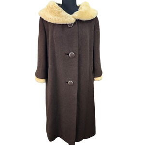Vtg Stevens Forstmann Coat LARGE Leakas Furriers Dayton OH Dark Brown Tan Fur
